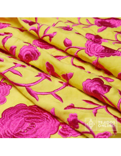 Tela Mantón de Manila Amarilla Flor Fucsia - Tela Mantón de Manila 2