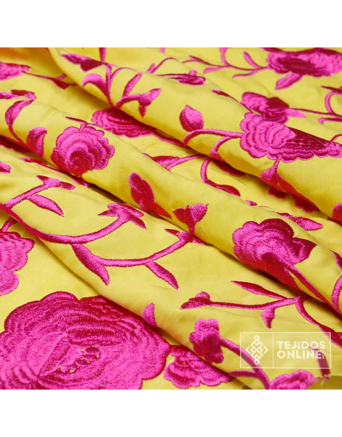 Tela Mantón de Manila Amarilla Flor Fucsia - Tela Mantón de Manila - Imagen 2