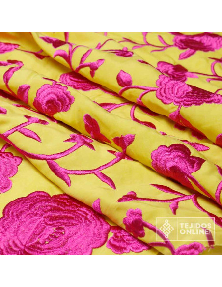 Tela Mantón de Manila Amarilla Flor Fucsia - Tela Mantón de Manila - Imagen 2