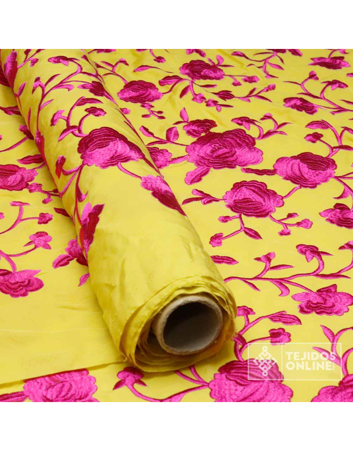 Tela Mantón de Manila Amarilla Flor Fucsia - Tela Mantón de Manila - Imagen 4