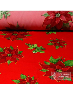 Tela Stretch Navidad Roja con Flor de Pascua - Telas de Navidad