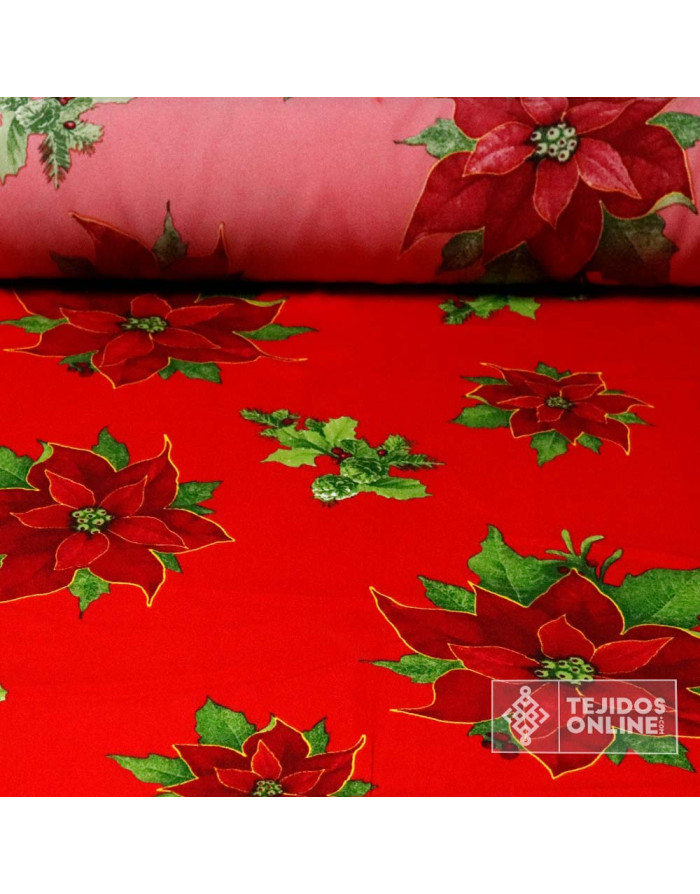 Tela Stretch Navidad Roja con Flor de Pascua - Telas de Navidad - Imagen 1