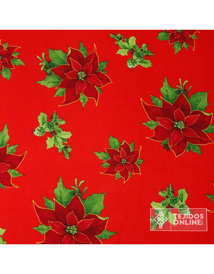 Tela Stretch Navidad Roja con Flor de Pascua - Telas de Navidad - Imagen 3