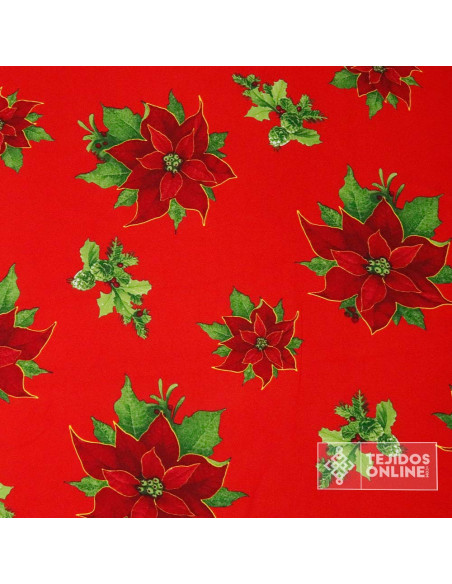 Tela Stretch Navidad Roja con Flor de Pascua - Telas de Navidad - Imagen 3