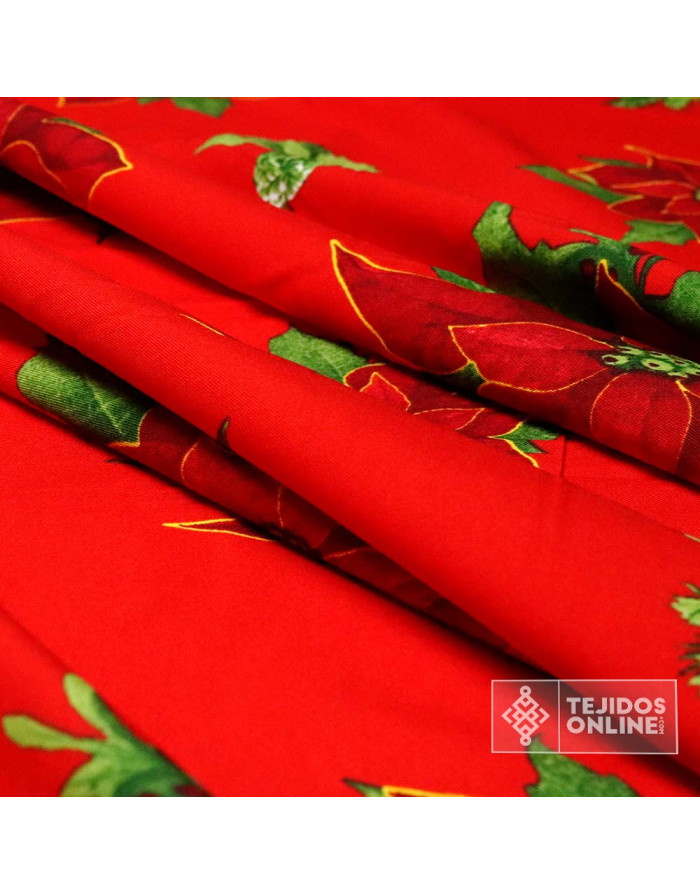 Tela Stretch Navidad Roja con Flor de Pascua - Telas de Navidad - Imagen 2