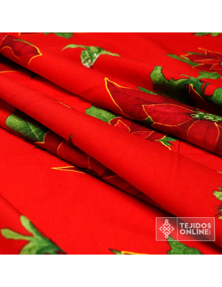Tela Stretch Navidad Roja con Flor de Pascua - Telas de Navidad - Imagen 2