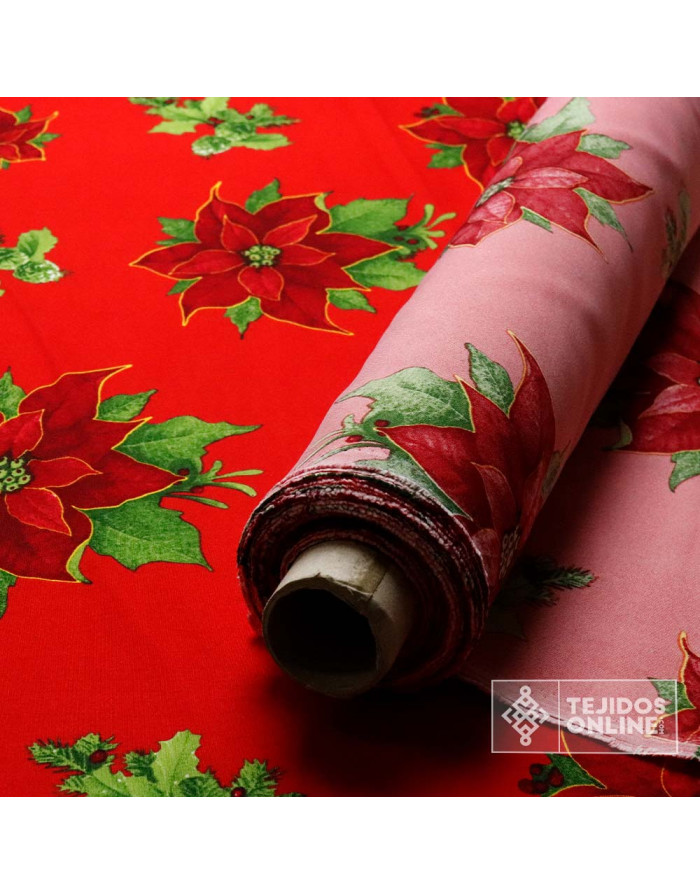 Tela Stretch Navidad Roja con Flor de Pascua - Telas de Navidad - Imagen 4