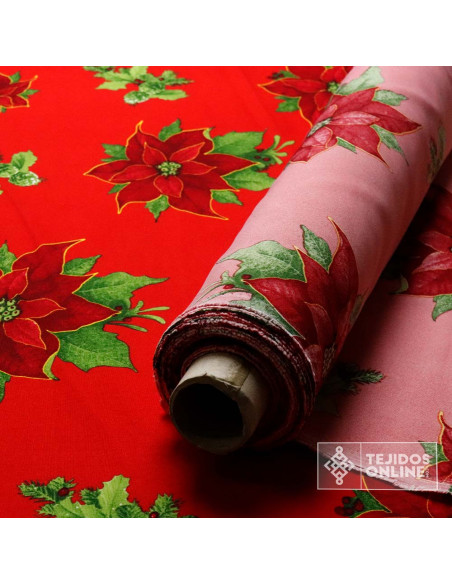 Tela Stretch Navidad Roja con Flor de Pascua - Telas de Navidad - Imagen 4