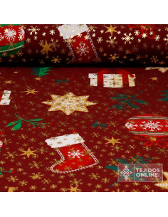 Tela Stretch Navidad Burdeos Con Bolas Doradas – Por Metros