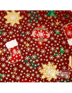 Tela Stretch Navidad Burdeos Con Bolas Doradas – Por Metros 2