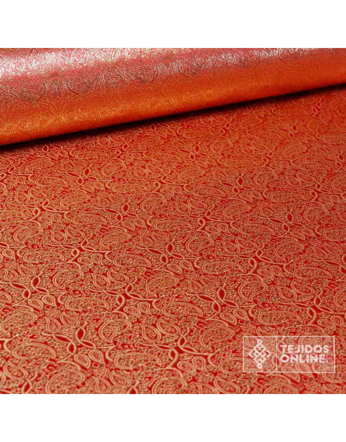 Jacquard Brocado Cachemira Rojo Dorado - Telas para Disfraz - Imagen 2