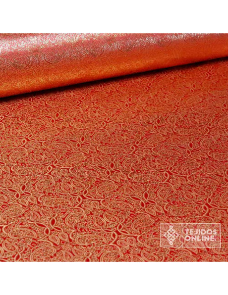 Jacquard Brocado Cachemira Rojo Dorado - Telas para Disfraz - Imagen 2