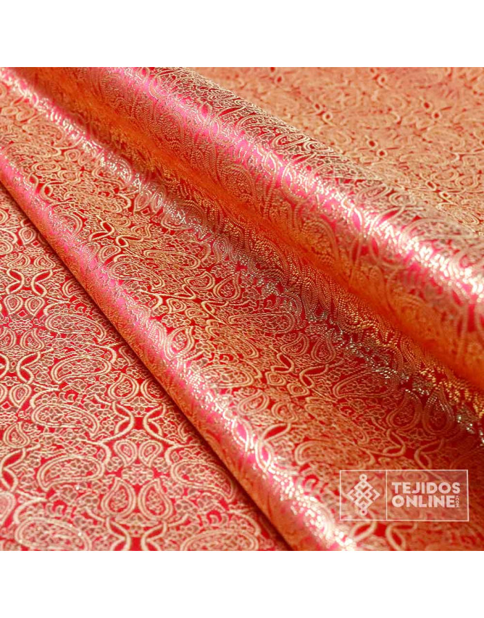Jacquard Brocado Cachemira Rojo Dorado - Telas para Disfraz - Imagen 3
