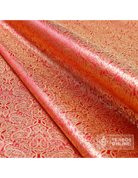 Jacquard Brocado Cachemira Rojo Dorado - Telas para Disfraz - Imagen 3