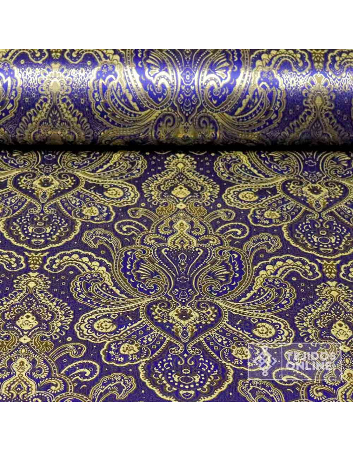 Jacquard Brocado Medallón Azul Dorado - Telas para Disfraz - Imagen 1