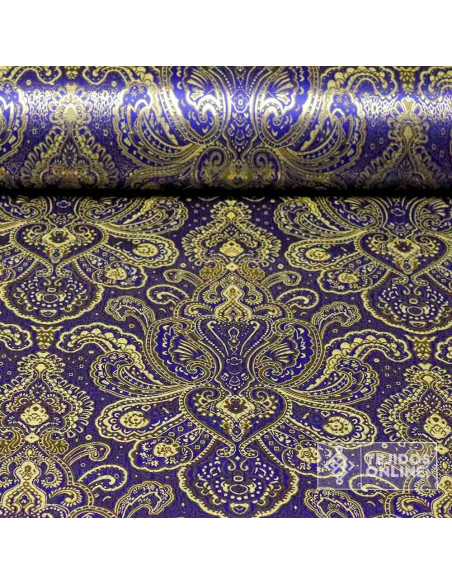 Jacquard Brocado Medallón Azul Dorado - Telas para Disfraz - Imagen 1