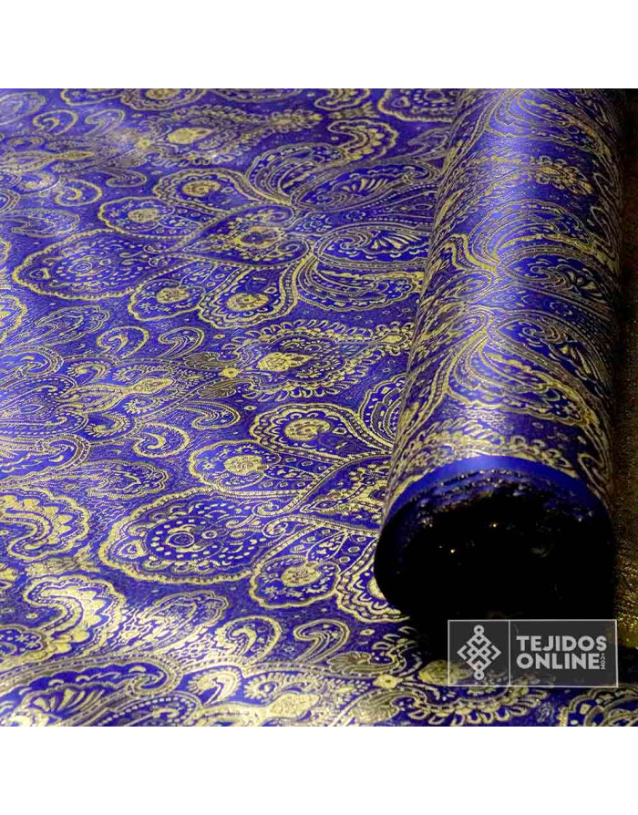 Jacquard Brocado Medallón Azul Dorado - Telas para Disfraz - Imagen 3