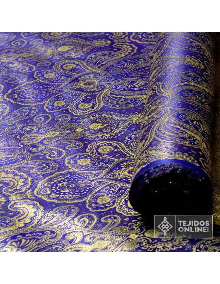 Jacquard Brocado Medallón Azul Dorado - Telas para Disfraz - Imagen 3