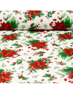 Tela de Navidad Flor Pascua Fondo Blanco- Telas Navideñas