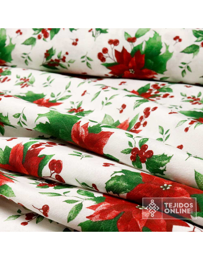 Tela de Navidad Flor Pascua Fondo Blanco- Telas Navideñas