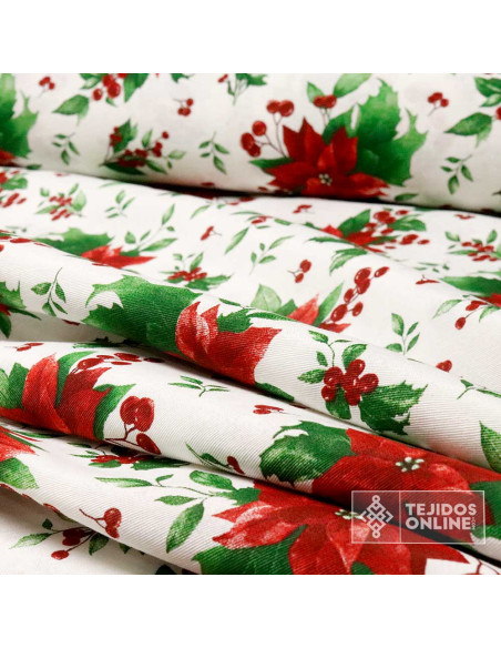 Tela de Navidad Flor Pascua Fondo Blanco- Telas Navideñas Tela de Navidad Flor Pascua Fondo Blanco- Telas Navideñas