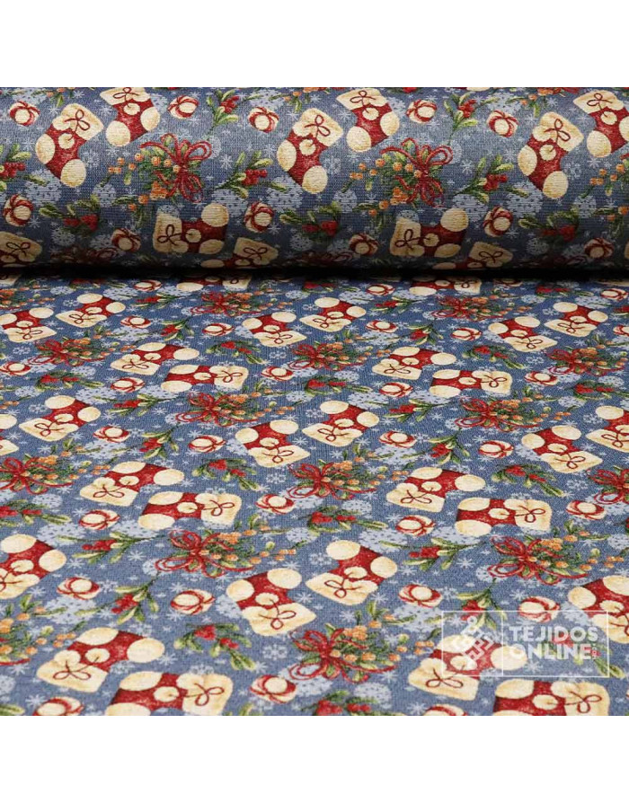 Tela Navidad Tapicería Azul con Botas - Teals Navideñas