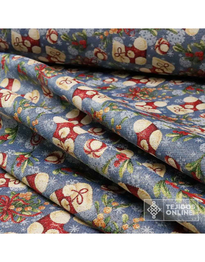 Tela Navidad Tapicería Azul con Botas - Teals Navideñas