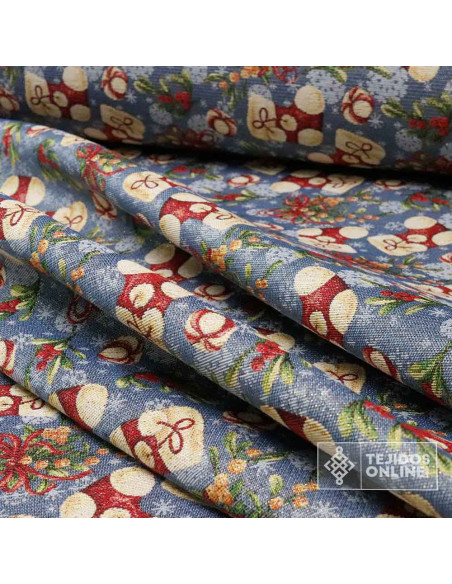 Tela Navidad Tapicería Azul con Botas - Teals Navideñas Tela Navidad Tapicería Azul con Botas - Teals Navideñas