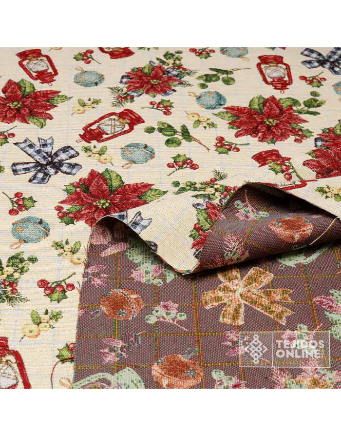 Tela Navidad Tapicería Farol y Flor Pascua - Teals Navideñas