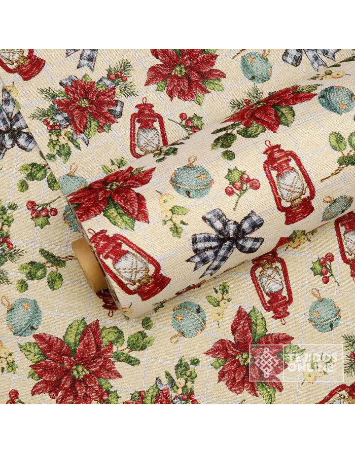 Tela Navidad Tapicería Farol y Flor Pascua - Teals Navideñas