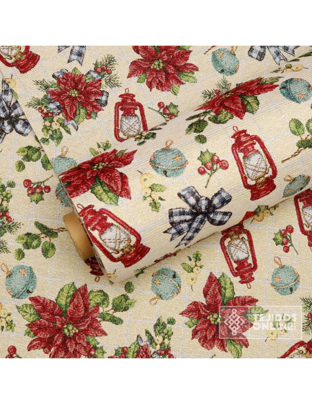 Tela Navidad Tapicería Farol y Flor Pascua - Teals Navideñas Tela Navidad Tapicería Farol y Flor Pascua - Teals Navideñas