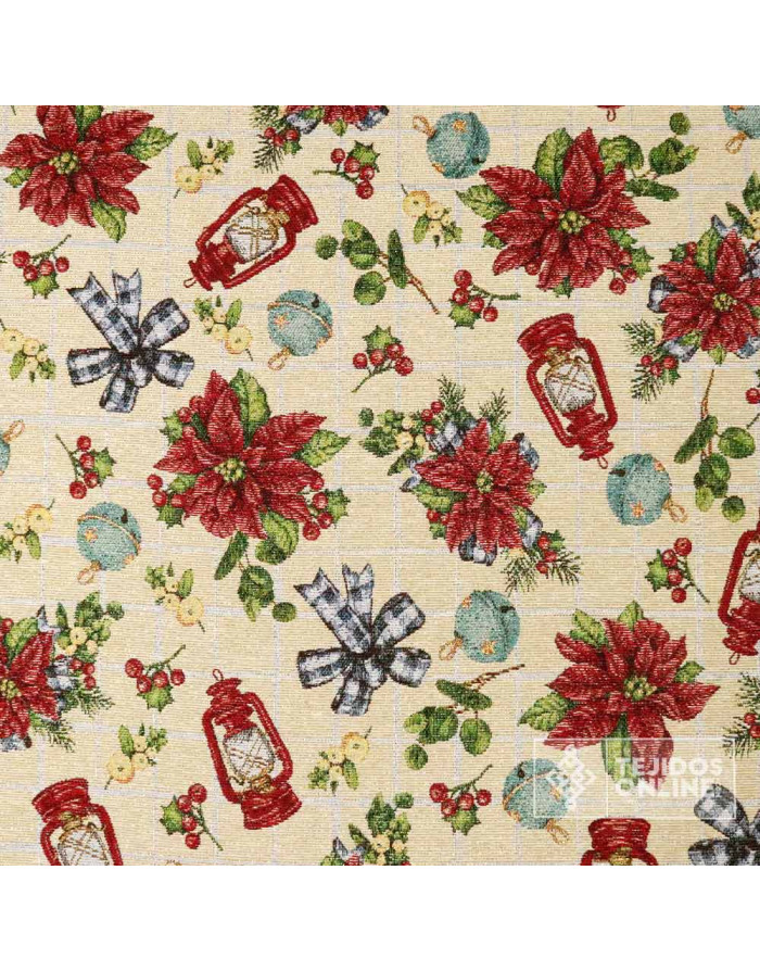 Tela Navidad Tapicería Farol y Flor Pascua - Teals Navideñas