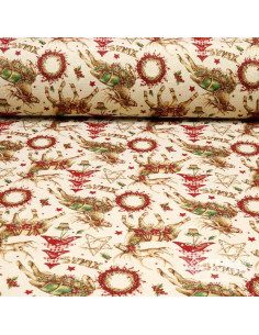 Tela Navidad Tapicería Beige con Renos y Coronas - Teals Navideñas