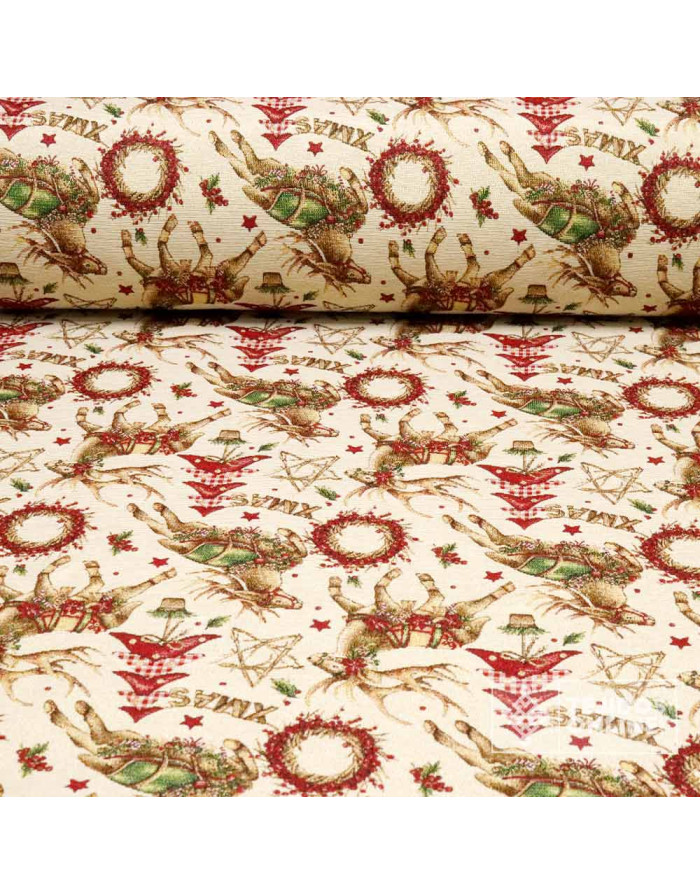 Tela Navidad Tapicería Beige con Renos y Coronas - Teals Navideñas