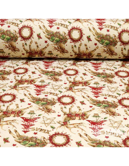 Tela Navidad Tapicería Beige con Renos y Coronas - Teals Navideñas Tela Navidad Tapicería Beige con Renos y Coronas - Teals Navideñas