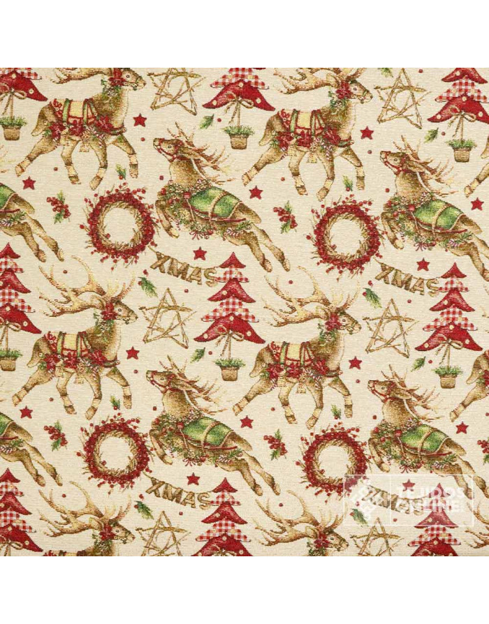 Tela Navidad Tapicería Beige con Renos y Coronas - Teals Navideñas