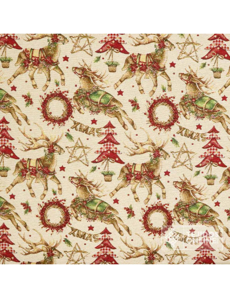 Tela Navidad Tapicería Beige con Renos y Coronas - Teals Navideñas Tela Navidad Tapicería Beige con Renos y Coronas - Teals Navideñas
