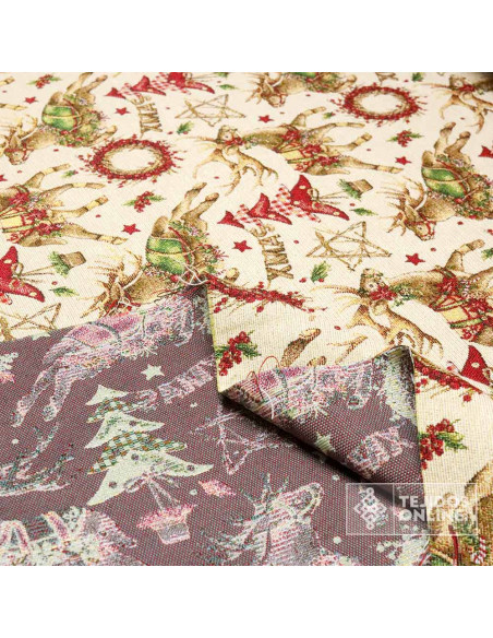 Tela Navidad Tapicería Beige con Renos y Coronas - Teals Navideñas Tela Navidad Tapicería Beige con Renos y Coronas - Teals Navideñas