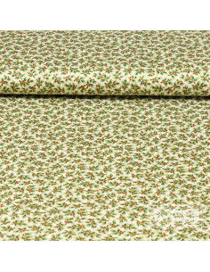 Tela Algodón Navidad con Hojas y Bayas Doradas - Telas Online