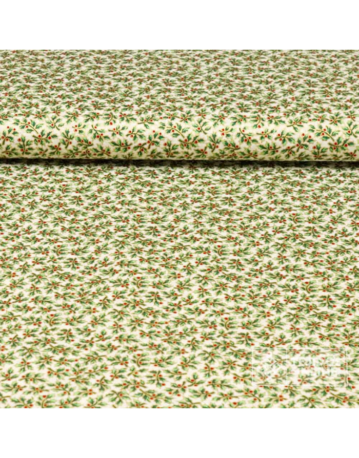 Tela Algodón Navidad con Hojas y Bayas Doradas - Telas Online
