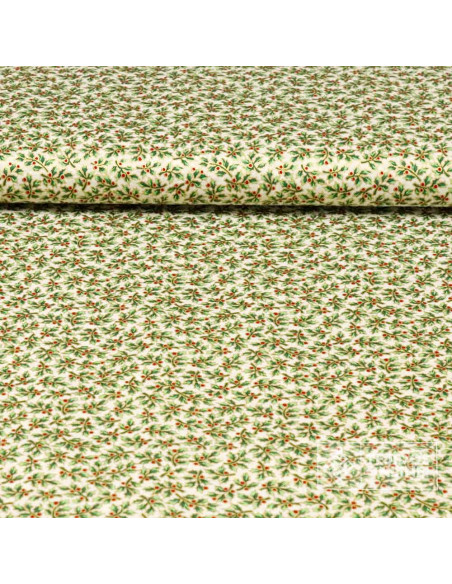 Tela Algodón Navidad con Hojas y Bayas Doradas - Telas Online Tela Algodón Navidad con Hojas y Bayas Doradas - Telas Online