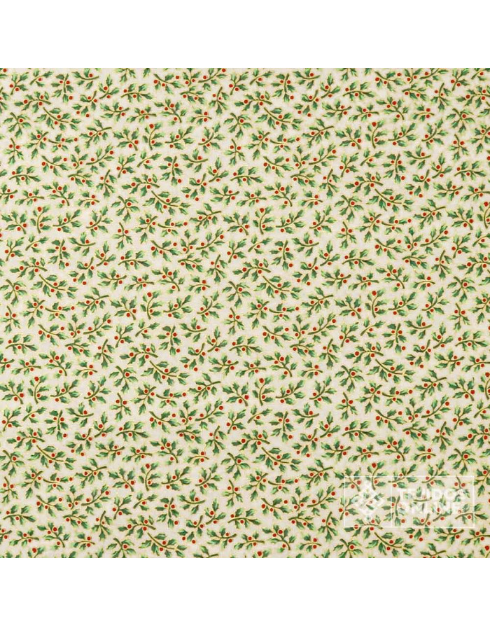 Tela Algodón Navidad con Hojas y Bayas Doradas - Telas Online