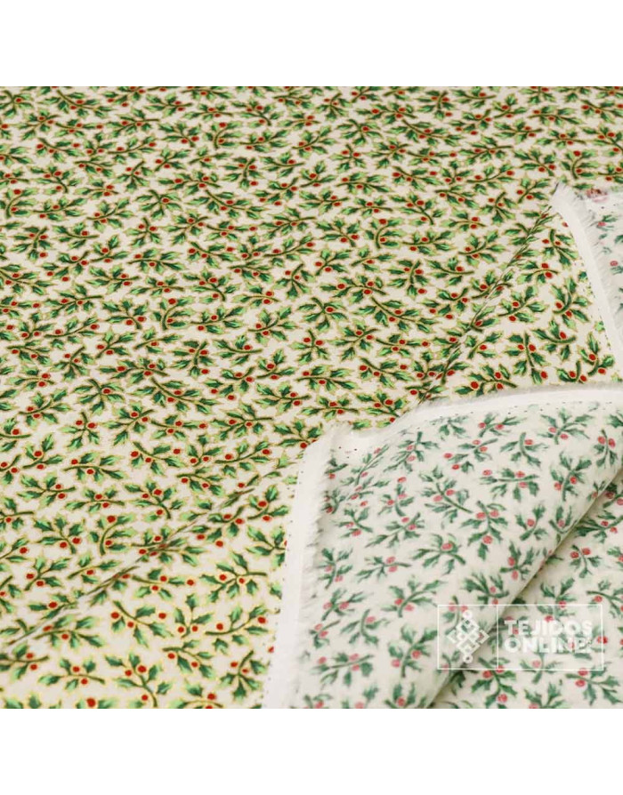 Tela Algodón Navidad con Hojas y Bayas Doradas - Telas Online