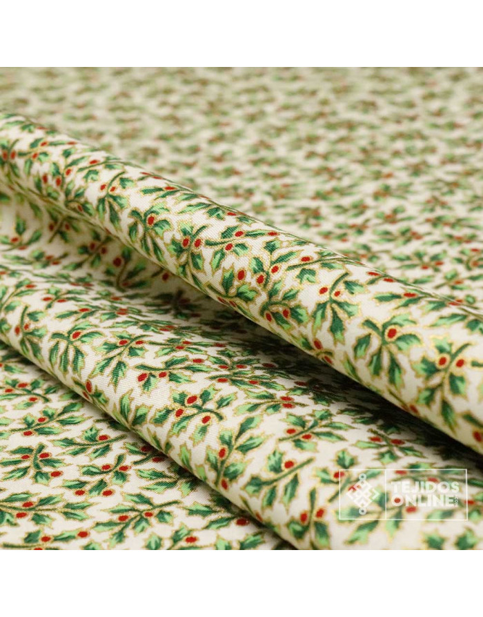 Tela Algodón Navidad con Hojas y Bayas Doradas - Telas Online