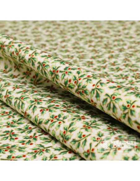 Tela Algodón Navidad con Hojas y Bayas Doradas - Telas Online Tela Algodón Navidad con Hojas y Bayas Doradas - Telas Online
