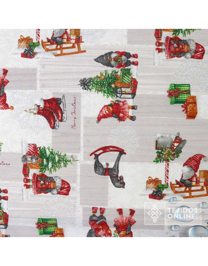 Tela Loneta Resinada Navidad Gnomos y Trineos | Hule Navidad