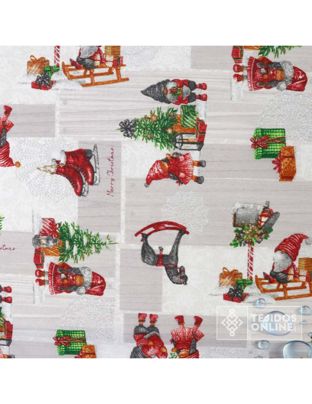 Tela Loneta Resinada Navidad Gnomos y Trineos | Hule Navidad