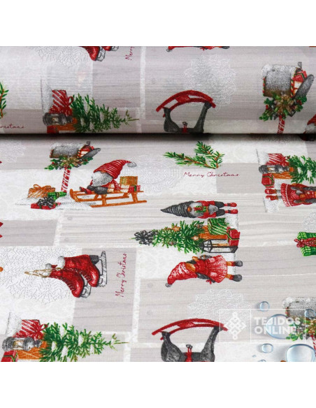 Tela Loneta Resinada Navidad Gnomos y Trineos | Hule Navidad