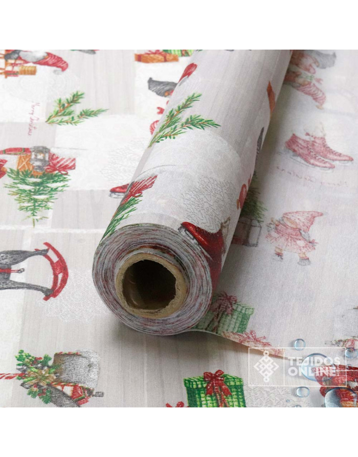 Tela Loneta Resinada Navidad Gnomos y Trineos | Hule Navidad