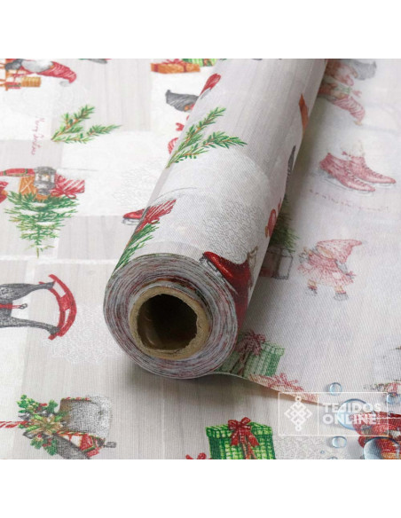 Tela Loneta Resinada Navidad Gnomos y Trineos | Hule Navidad